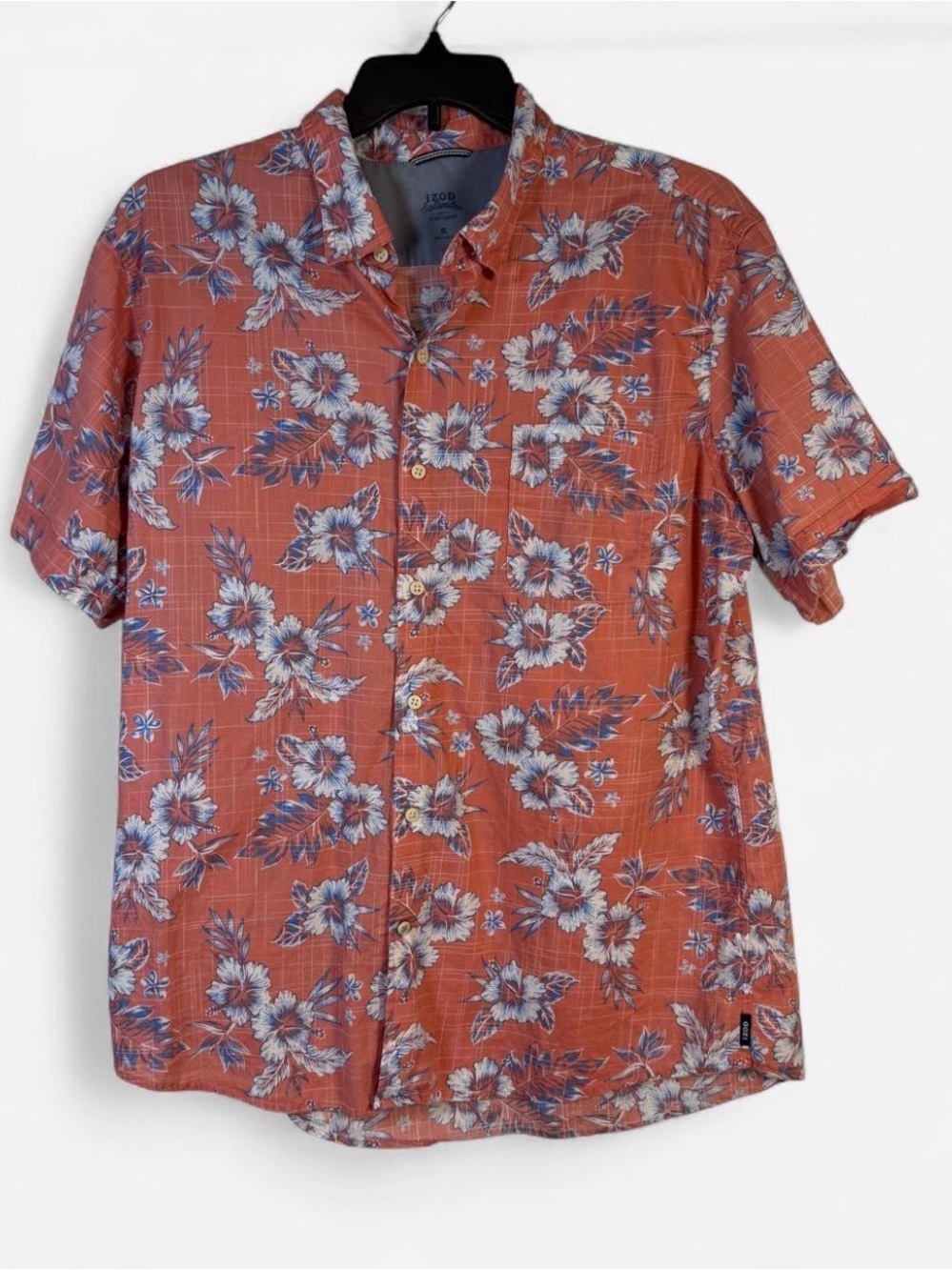 Izod Men's Orange Floral Short-Sleeve Button-Down Shirt with Blue Flowers